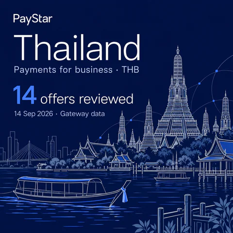 Thailand: 14 offers reviewed; Payments for business · THB. Navy editorial landscape.