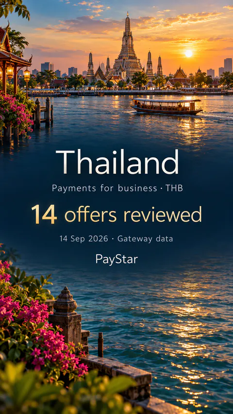Thailand: 14 offers reviewed; Payments for business · THB. Bright editorial landscape.