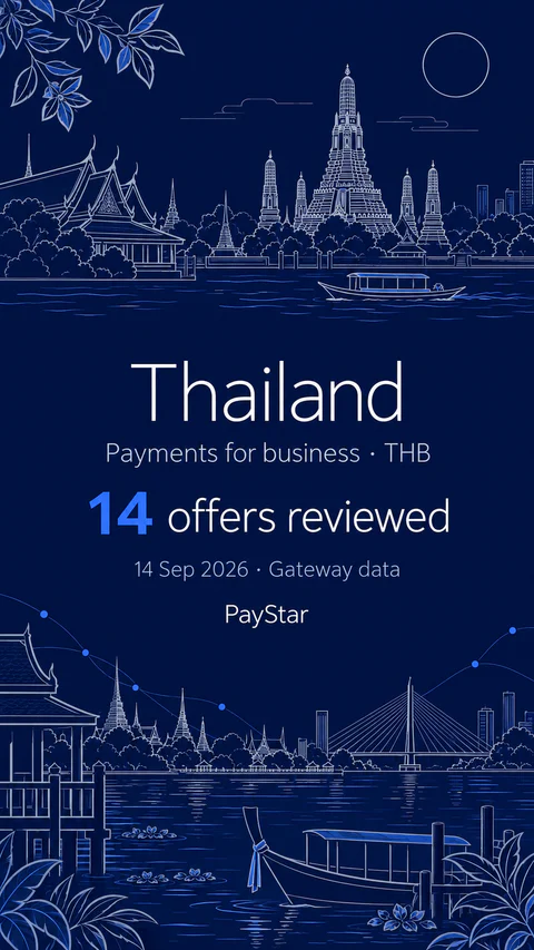 Thailand: 14 offers reviewed; Payments for business · THB. Navy editorial landscape.