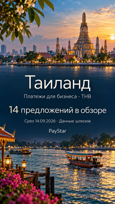 Таиланд: 14 предложений в обзоре; Платежи для бизнеса · THB. Bright editorial landscape.