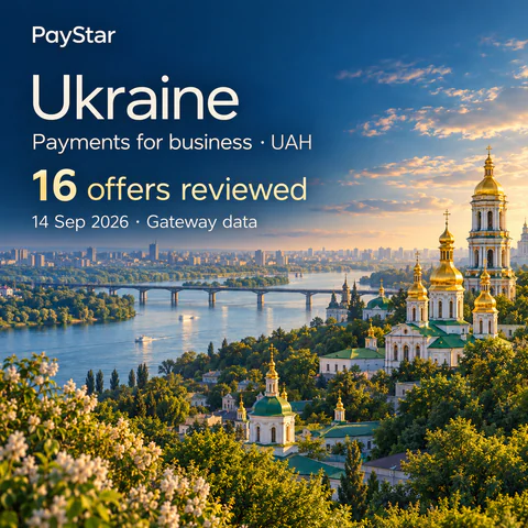 Ukraine: 16 offers reviewed; Payments for business · UAH. Bright editorial landscape.