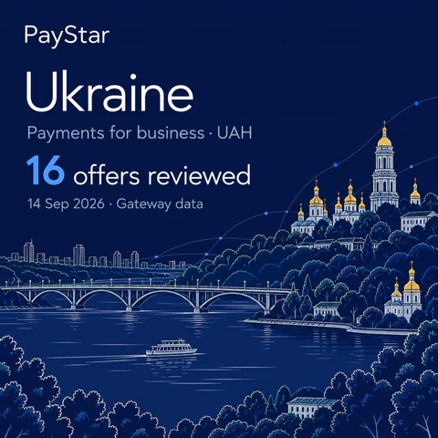 Ukraine: 16 offers reviewed; Payments for business · UAH. Navy editorial landscape.