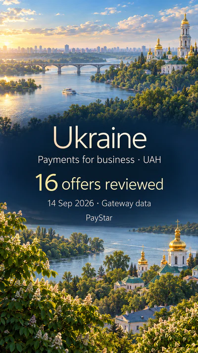 Ukraine: 16 offers reviewed; Payments for business · UAH. Bright editorial landscape.
