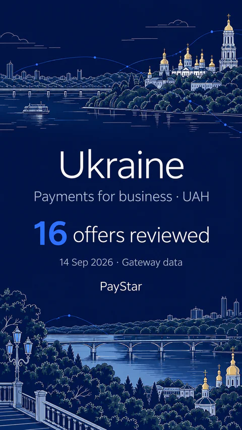 Ukraine: 16 offers reviewed; Payments for business · UAH. Navy editorial landscape.