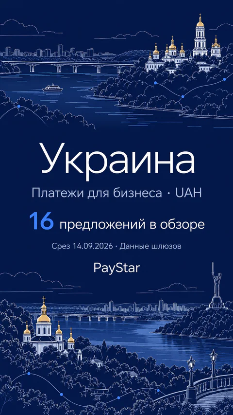Украина: 16 предложений в обзоре; Платежи для бизнеса · UAH. Navy editorial landscape.
