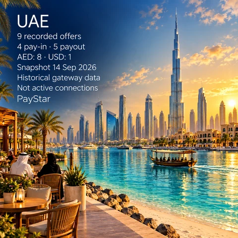 Editorial AI illustration inspired by Dubai waterfront and skyline. 9 historical offer records: 4 pay-in, 5 payout; AED: 8; USD: 1; snapshot 14 September 2026. Not active connections; not a documentary view.