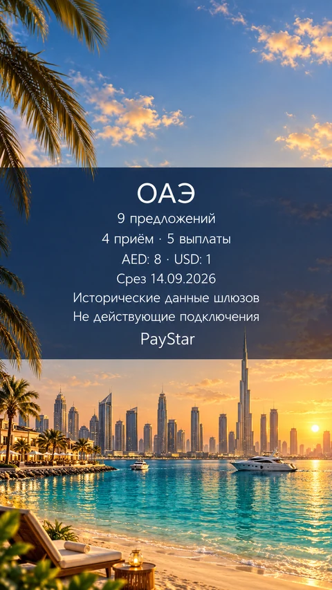 Редакционная AI-иллюстрация по мотивам дубайской набережной и силуэта города. 9 исторических предложений: 4 приём, 5 выплаты; AED: 8; USD: 1; срез 14 сентября 2026. Не действующие подключения; не документальный вид.