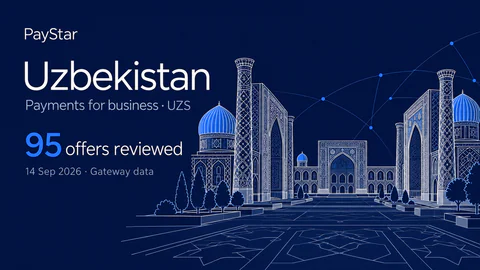 Uzbekistan: 95 offers reviewed; Payments for business · UZS. Navy editorial landscape.