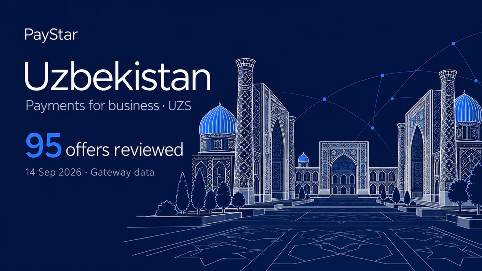 Uzbekistan: 95 offers reviewed; Payments for business · UZS. Navy editorial landscape.