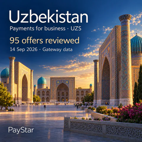 Uzbekistan: 95 offers reviewed; Payments for business · UZS. Bright editorial landscape.