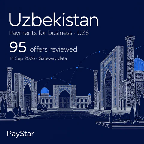 Uzbekistan: 95 offers reviewed; Payments for business · UZS. Navy editorial landscape.