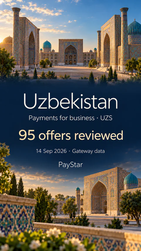 Uzbekistan: 95 offers reviewed; Payments for business · UZS. Bright editorial landscape.