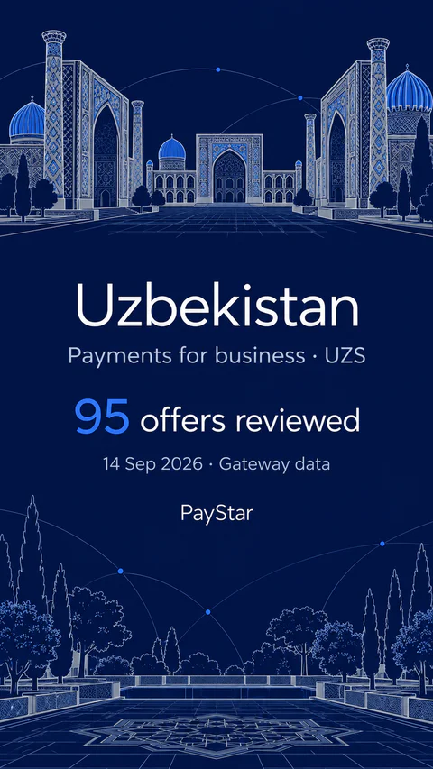 Uzbekistan: 95 offers reviewed; Payments for business · UZS. Navy editorial landscape.