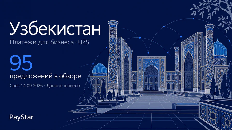 Узбекистан: 95 предложений в обзоре; Платежи для бизнеса · UZS. Navy editorial landscape.
