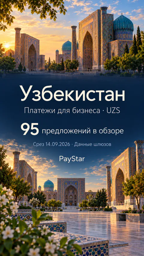 Узбекистан: 95 предложений в обзоре; Платежи для бизнеса · UZS. Bright editorial landscape.