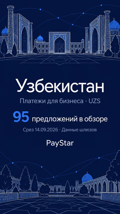 Узбекистан: 95 предложений в обзоре; Платежи для бизнеса · UZS. Navy editorial landscape.