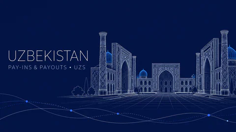 Uzbekistan: an editorial AI illustration of the Registan ensemble in Samarkand, in fine pale linework on navy. Not a documentary viewpoint.