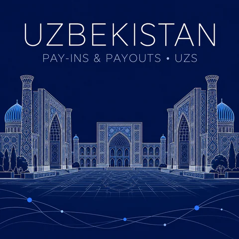 Uzbekistan: an editorial AI illustration of the Registan ensemble in Samarkand, in fine pale linework on navy. Not a documentary viewpoint.