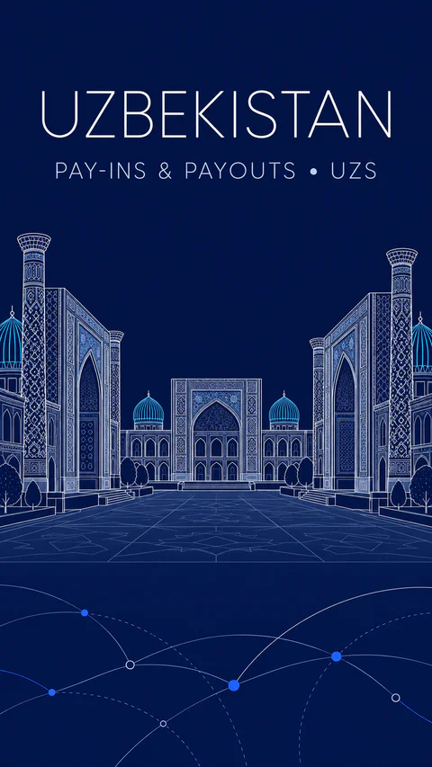 Uzbekistan: an editorial AI illustration of the Registan ensemble in Samarkand, in fine pale linework on navy. Not a documentary viewpoint.