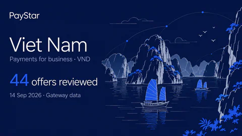 Viet Nam: 44 offers reviewed; Payments for business · VND. Navy editorial landscape.