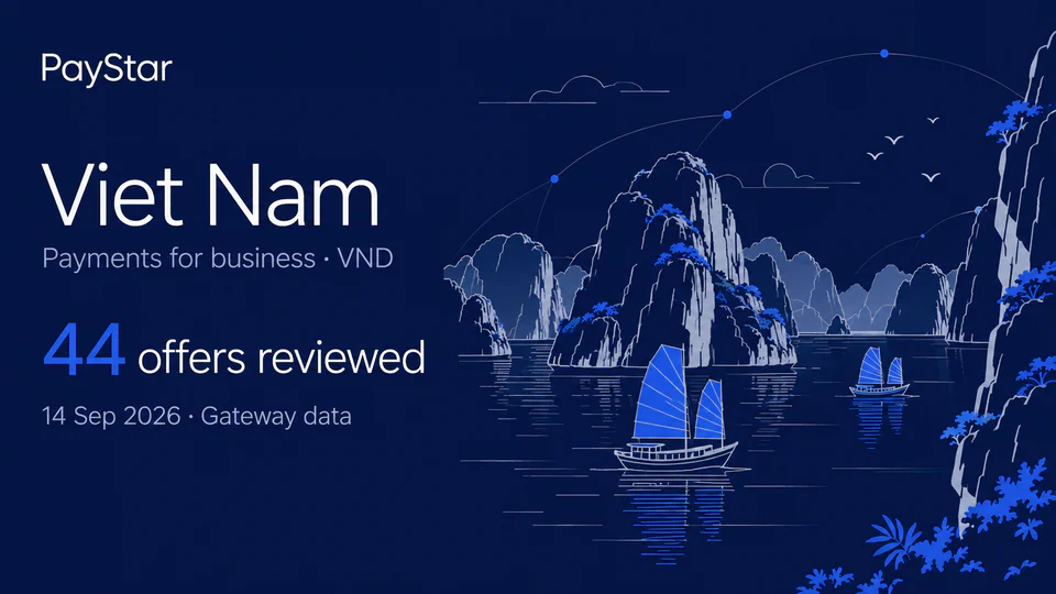 Viet Nam: 44 offers reviewed; Payments for business · VND. Navy editorial landscape.