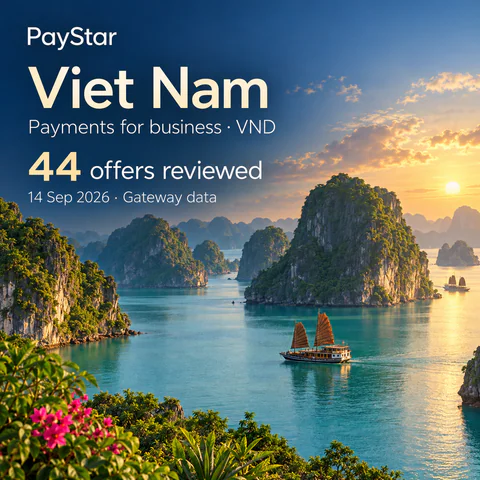 Viet Nam: 44 offers reviewed; Payments for business · VND. Bright editorial landscape.