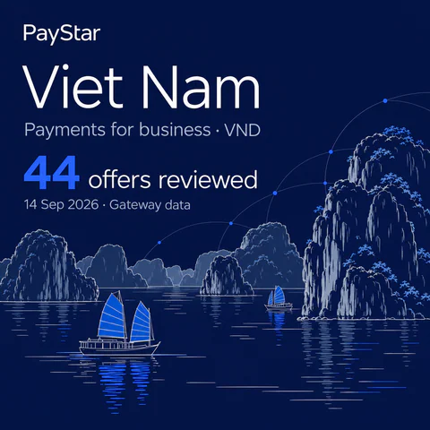 Viet Nam: 44 offers reviewed; Payments for business · VND. Navy editorial landscape.