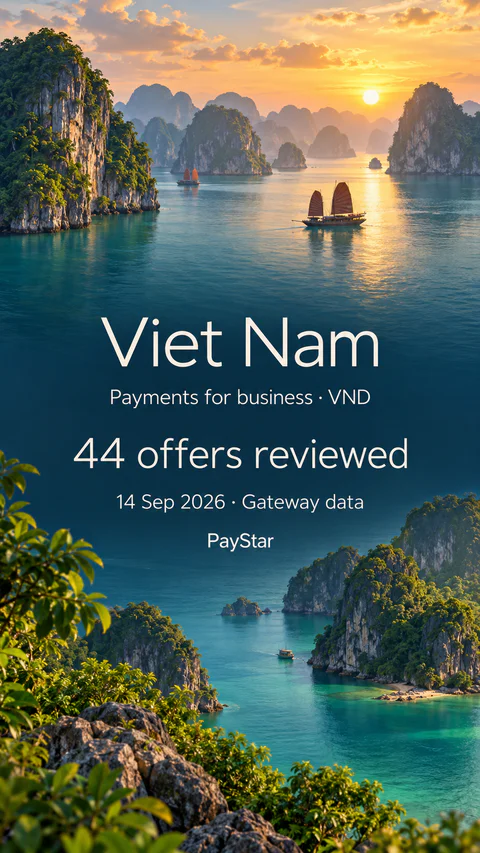 Viet Nam: 44 offers reviewed; Payments for business · VND. Bright editorial landscape.