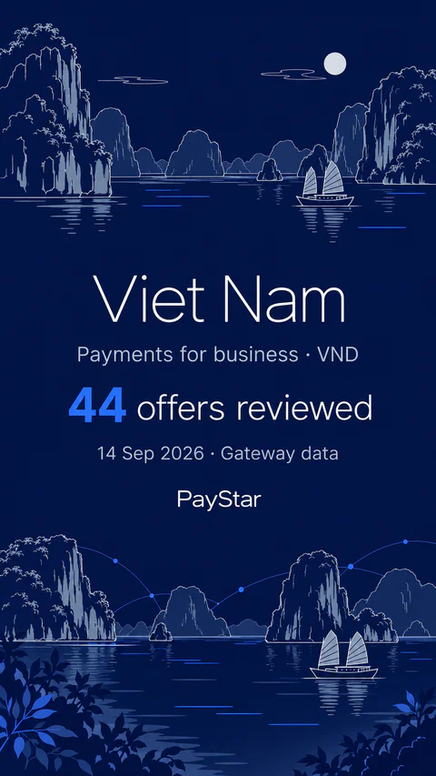 Viet Nam: 44 offers reviewed; Payments for business · VND. Navy editorial landscape.