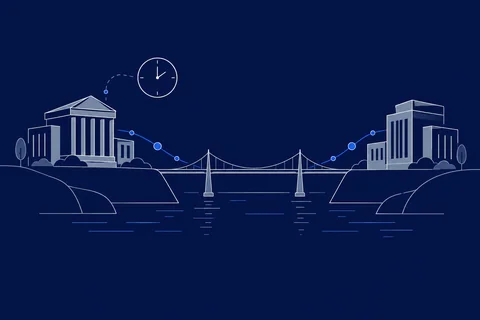 Редакционная иллюстрация: условные финансовые здания соединены мостом.