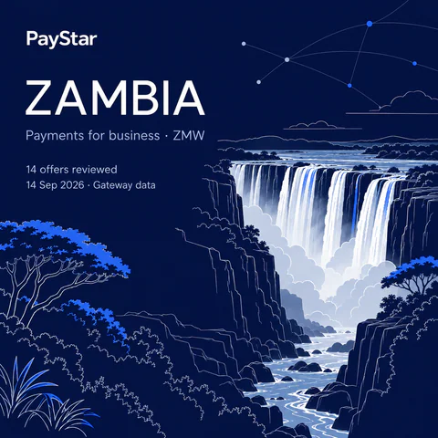 Zambia: 14 historical offers, ZMW, snapshot 14 Sep 2026. Navy line-art editorial AI illustration.