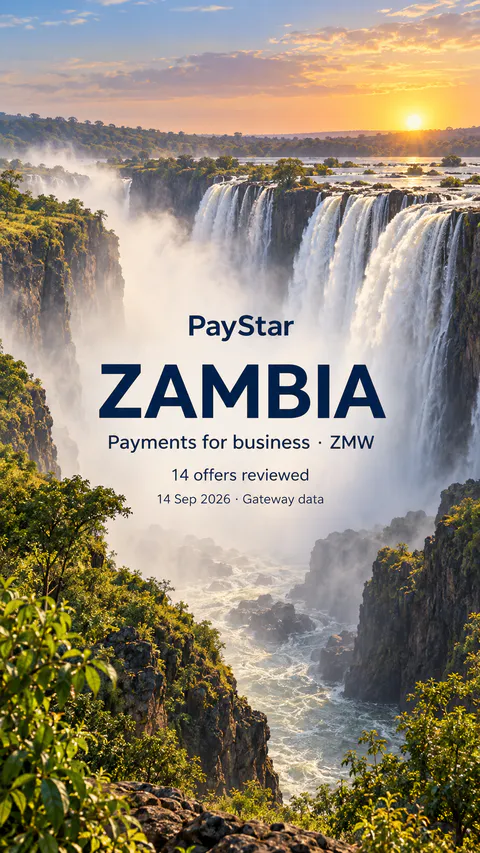 Zambia: 14 historical offers, ZMW, snapshot 14 Sep 2026. Vivid scenic editorial AI illustration.