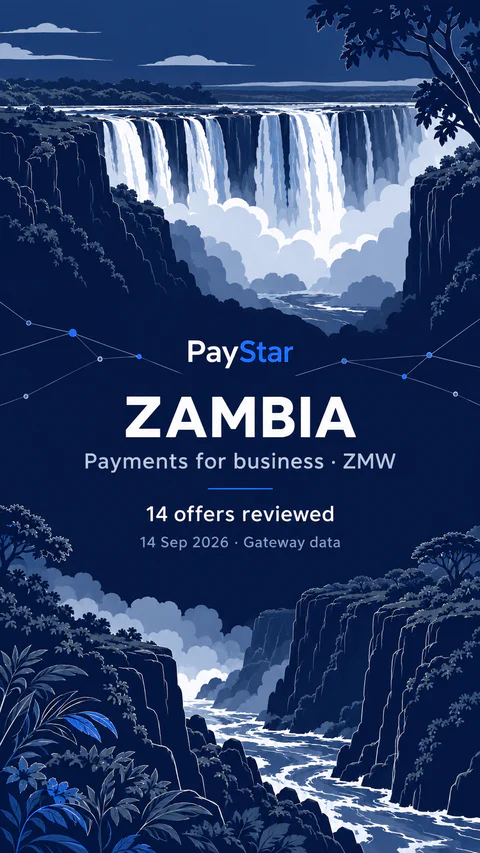 Zambia: 14 historical offers, ZMW, snapshot 14 Sep 2026. Navy line-art editorial AI illustration.